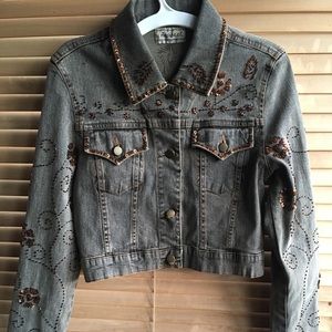 Acid Washed Grey Embroidered Cropped Denim Jacket